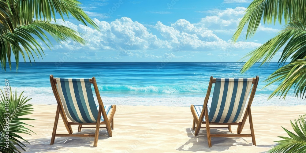 Two beach chairs set against a tropical backdrop, perfect for a relaxing vacation by the sea. Experience the ultimate tropical sea vacation with these inviting beach chairs. Two beach chairs set against a tropical backdrop, perfect for a relaxing vacation by the sea. Experience the ultimate tropical sea vacation with these inviting beach chairs.