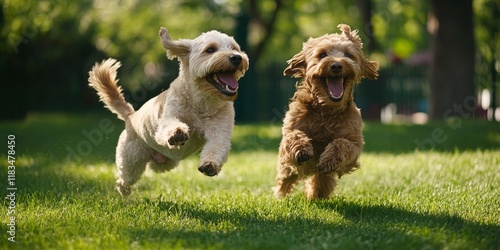Two playful dogs enjoy their time together in a vibrant outdoor dog park, showcasing their friendly nature as they romp and leap in the lush green surroundings of the dog park.