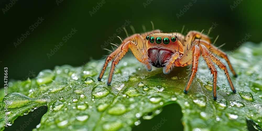 Female four spot orb weaver spider Araneus quadratus resting on a hairy leaf, showcasing its beauty amidst glistening water drops after a refreshing rainstorm. Observe the four spot orb weaver spider. Female four spot orb weaver spider Araneus quadratus resting on a hairy leaf, showcasing its beauty amidst glistening water drops after a refreshing rainstorm. Observe the four spot orb weaver spider.