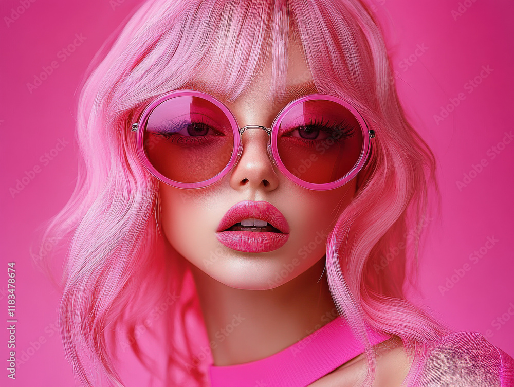A fashionable woman with pink hair and sunglasses A fashionable woman with pink hair and sunglasses