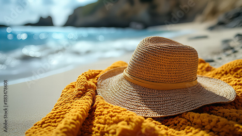 Top view of a straw hat and orange towel on a sandy beach near turquoise waves, evoking relaxation and summer vibes.
 photo