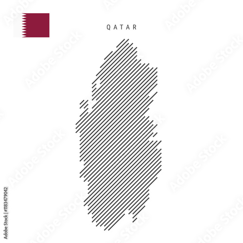 Qatar map from pattern of black slanted parallel lines. Qatari map with gray diagonal lines. Silhouette of a country made of oblique hatching. Vector illustration isolated on white.