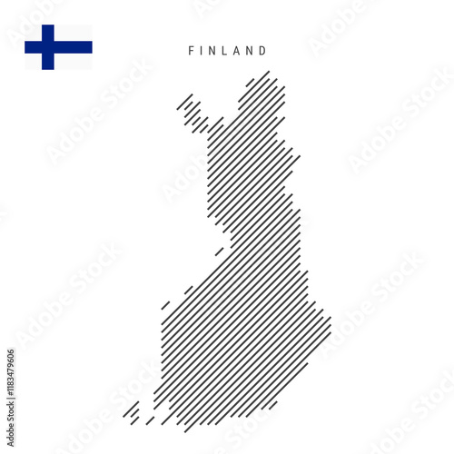 Finland map from pattern of black slanted parallel lines. Finnish map with gray diagonal lines. Silhouette of a country made of oblique hatching. Vector illustration isolated on white.