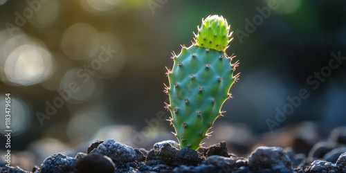 Sprout of a prickly pear plant, showcasing the unique characteristics of Opuntia ficus indica. The prickly pear sprout reveals its growth and resilience in various environments. photo