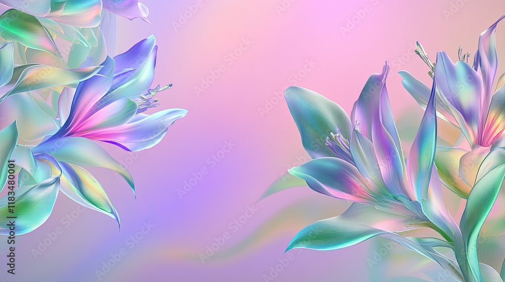 Fototapeta premium Elegant pastel floral frame with holographic colors on a gradient background, perfect for greeting cards, banners, and invitations with text space.