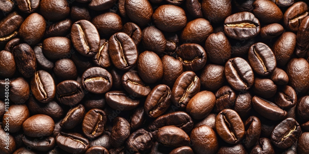 Fototapeta premium Roasted coffee beans create a captivating background, offering ample space for text. Featuring roasted coffee beans, this image highlights the rich texture and aroma associated with roasted coffee