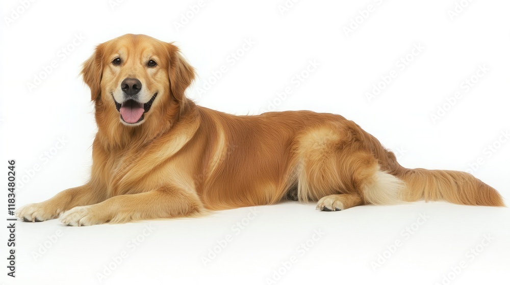 Golden retriever relaxing on white background pet photography studio environment calm and happy mood Golden retriever relaxing on white background pet photography studio environment calm and happy mood