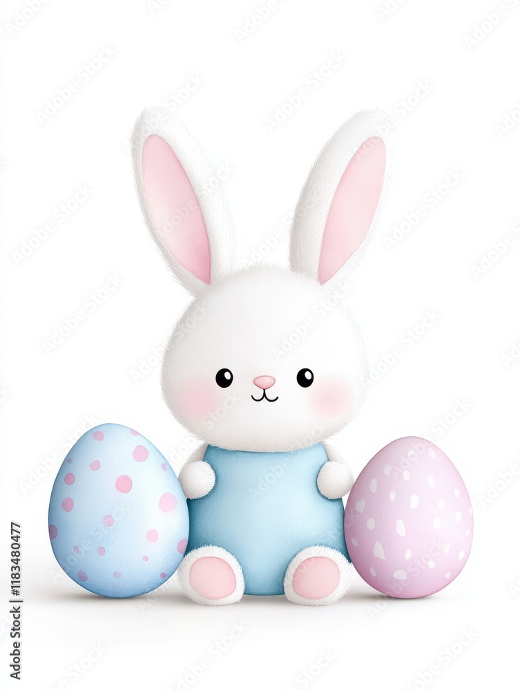 Fototapeta premium Cute bunny with pastel-colored eggs, perfect for Easter-themed designs and children's illustrations.