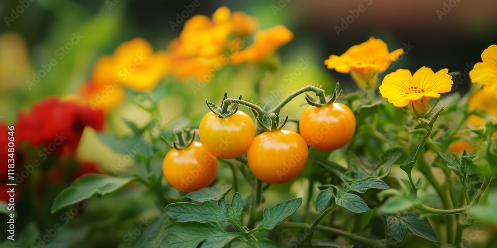 Young tomatoes positioned behind vibrant flowers showcase their yellow hue, highlighting the contrast between the young tomatoes and the blooming flowers in this charming garden scene. Young tomatoes positioned behind vibrant flowers showcase their yellow hue, highlighting the contrast between the young tomatoes and the blooming flowers in this charming garden scene.