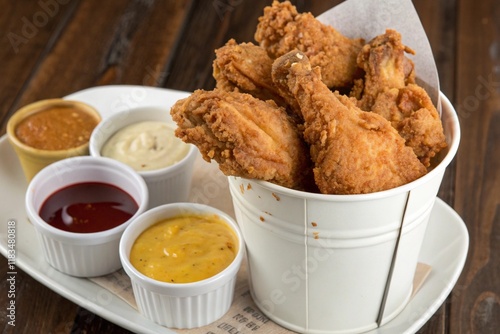 A crispy fried chicken bucket with golden brown drumsticks and wings, accompanied by dipping sauces like honey mustard, BBQ, and ranch photo