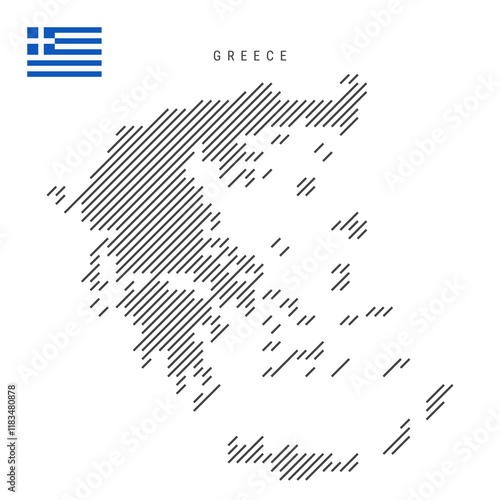 Greece map from pattern of black slanted parallel lines. Greek map with gray diagonal lines. Silhouette of a country made of oblique hatching. Vector illustration isolated on white.