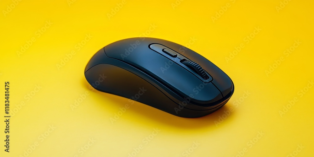 Black wireless mouse for PC placed on a yellow background, showcasing the sleek design of the black wireless mouse for enhanced user experience and functionality on any PC setup. Black wireless mouse for PC placed on a yellow background, showcasing the sleek design of the black wireless mouse for enhanced user experience and functionality on any PC setup.