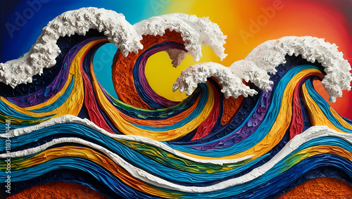 Wallpaper Mural An abstract artwork of layered waves in relief, bursting with a vivid spectrum of colors including neon pink, cobalt blue, fiery orange, and lime green, with flowing textures giving a sense of depth a Torontodigital.ca