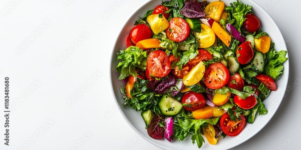 A top view of a white dish featuring a vibrant vegetable salad, beautifully arranged and isolated against a white background, perfect for highlighting fresh and healthy vegetable salad options. A top view of a white dish featuring a vibrant vegetable salad, beautifully arranged and isolated against a white background, perfect for highlighting fresh and healthy vegetable salad options.