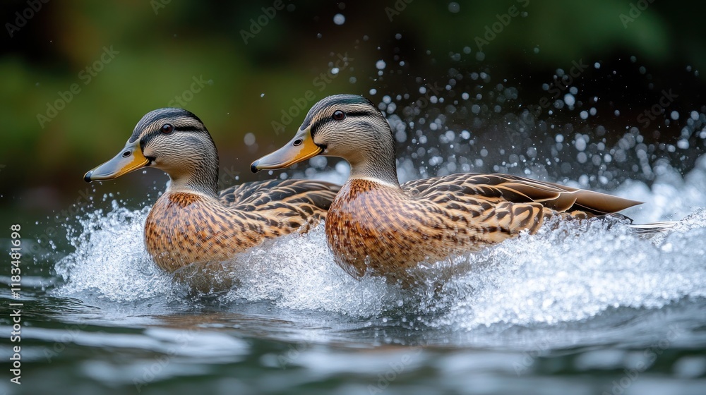 Two female mallards swimming, splashing water. Two female mallards swimming, splashing water.