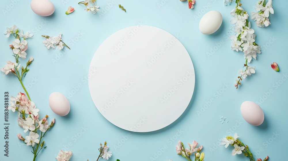 Flat lay of pastel-colored Easter eggs and spring flowers arranged around a blank white circle on a light blue background, perfect for festive design. Flat lay of pastel-colored Easter eggs and spring flowers arranged around a blank white circle on a light blue background, perfect for festive design.