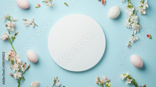 Flat lay of pastel-colored Easter eggs and spring flowers arranged around a blank white circle on a light blue background, perfect for festive design.