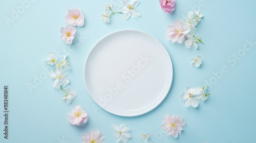 Flat lay of pastel-colored Easter eggs and spring flowers arranged around a blank white circle on a light blue background, perfect for festive design.