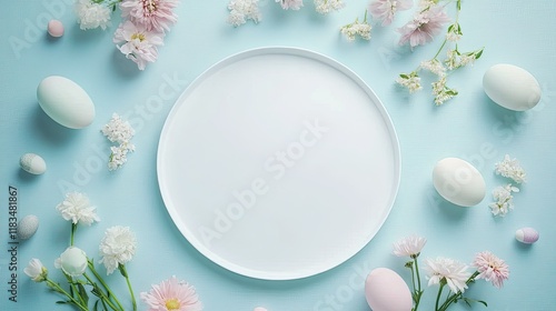 Flat lay of pastel-colored Easter eggs and spring flowers arranged around a blank white circle on a light blue background, perfect for festive design.