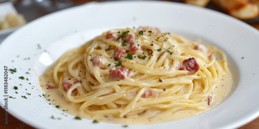 A fun and whimsical creamy pasta carbonara sauce served over spaghetti, beautifully presented on a glossy white plate, perfect for a lighthearted meal. A fun and whimsical creamy pasta carbonara sauce served over spaghetti, beautifully presented on a glossy white plate, perfect for a lighthearted meal.