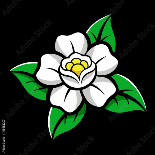 Gardenia Flower Vector Illustration with Green Leaves, Elegant Floral Design