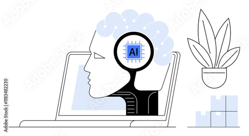 Human head silhouette with AI chip brain inside a laptop, signifying advanced technology. Plant symbolizes growth alongside tech. Ideal for AI development, innovation, human-machine interaction