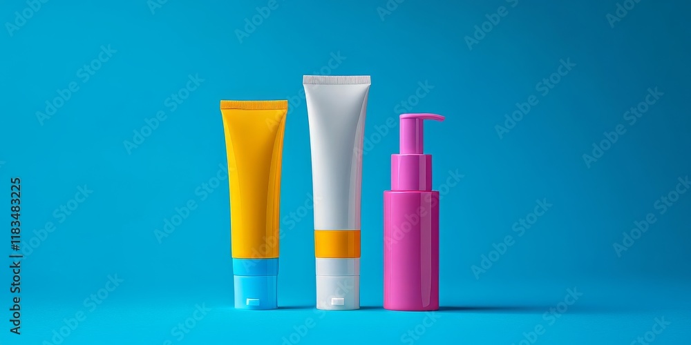 Four vibrant tubes of varying sizes along with a pump bottle, all featuring no logos, are displayed against a blue backdrop. This cosmetic packaging emphasizes containers, ideal for branding. Four vibrant tubes of varying sizes along with a pump bottle, all featuring no logos, are displayed against a blue backdrop. This cosmetic packaging emphasizes containers, ideal for branding.