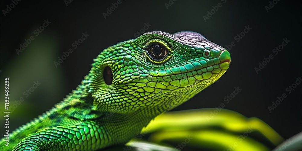 Obraz premium Stunning closeup of a beautiful lizard showcasing vivid green colors and intricate textures, highlighting the remarkable features of this beautiful lizard in its natural habitat.