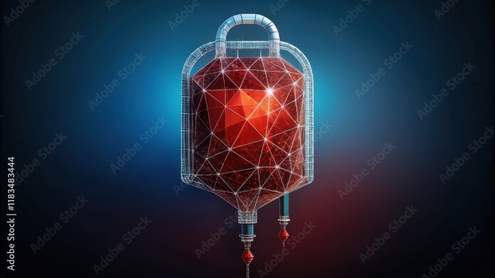 A futuristic blood bag with a geometric design, showcasing a red crystal-like structure, suspended against a blue gradient background. A futuristic blood bag with a geometric design, showcasing a red crystal-like structure, suspended against a blue gradient background.