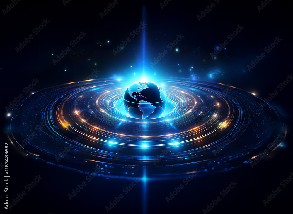 Fototapeta premium A glowing blue Earth at the center of swirling, luminous rings, radiating energy and cosmic power. A futuristic, abstract depiction of planetary energy.