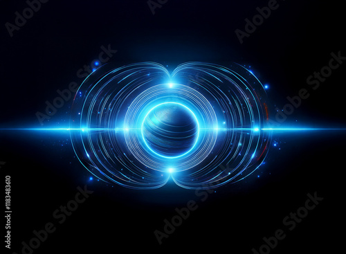 Glowing blue energy circles surround a central sphere, radiating light and creating a futuristic, cosmic effect.  The dark background enhances the vibrant blue hues.