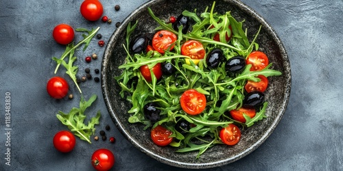 On a stone plate, theres a fresh salad featuring arugula, black olives, and cherry tomatoes, captured from an aerial perspective. photo