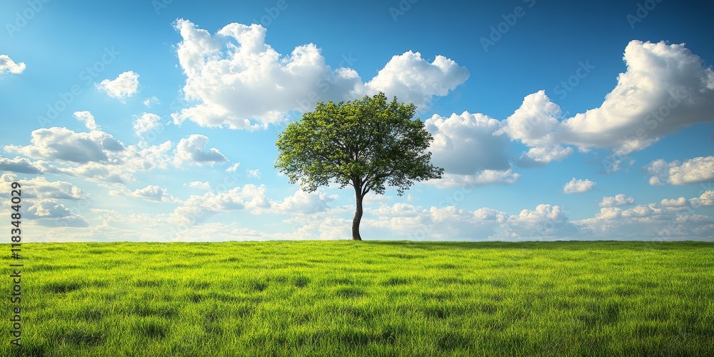 Expansive field of vibrant green grass features a solitary tree against a backdrop of gentle clouds in the bright blue sky, creating a serene landscape of green grass and natural beauty. Expansive field of vibrant green grass features a solitary tree against a backdrop of gentle clouds in the bright blue sky, creating a serene landscape of green grass and natural beauty.