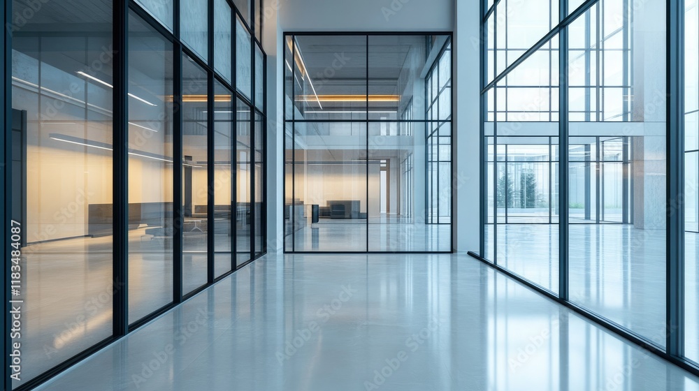 Innovative modern office building design with clean lines and glass walls, showcasing industrial architectural elegance. Innovative modern office building design with clean lines and glass walls, showcasing industrial architectural elegance.