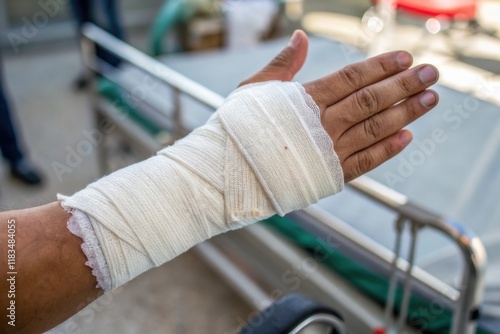 A hand with a bandaged wrist is shown, indicating a recent injury or medical treatment, with a hospital environment in the background.
