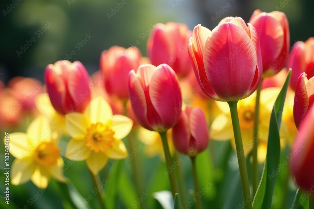 Close-up of tulip stems surrounded by narcissus flowers , colourful flowers, narcissus flowers Close-up of tulip stems surrounded by narcissus flowers , colourful flowers, narcissus flowers