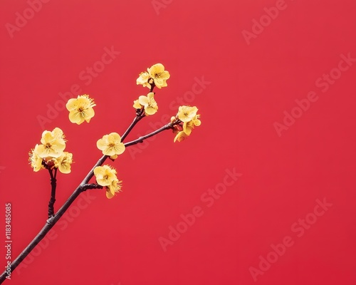 A branch of yellow flowers against a vibrant red background, symbolizing beauty and contrast.
