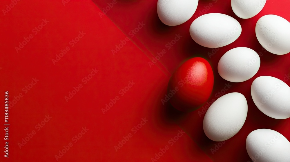 Minimalist Easter flat lay with red and white eggs on a striking red-and-white backdrop. Simple, modern design with ample copy space. Minimalist Easter flat lay with red and white eggs on a striking red-and-white backdrop. Simple, modern design with ample copy space.
