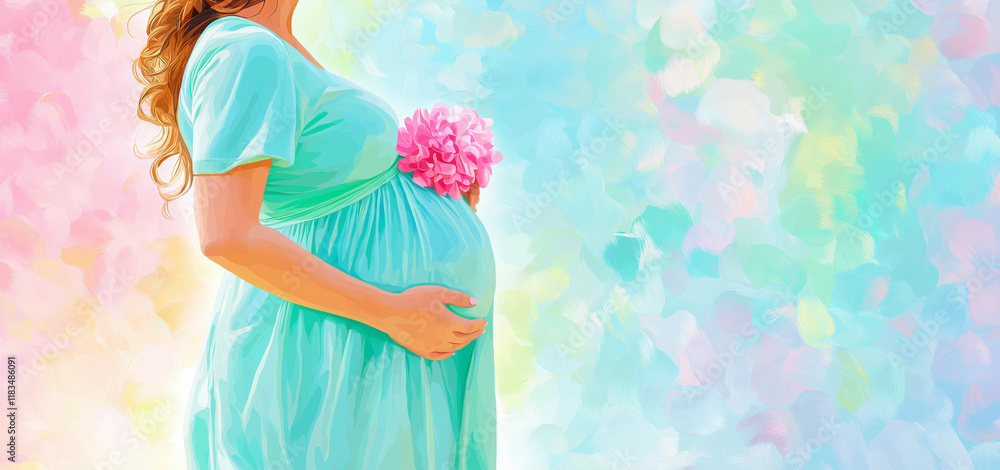 Pregnant woman holding belly with pink flower on pastel background Pregnant woman holding belly with pink flower on pastel background