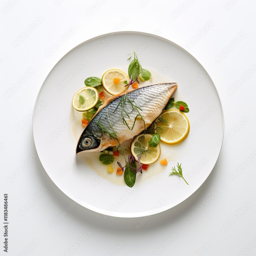 Enjoy a delectable grilled fish dish featuring fresh lemon and aromatic herbs, beautifully presented on a white plate, showcasing crispy skin and tender, flaky flesh for a mouthwatering experience. Enjoy a delectable grilled fish dish featuring fresh lemon and aromatic herbs, beautifully presented on a white plate, showcasing crispy skin and tender, flaky flesh for a mouthwatering experience.