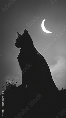 A mysterious Scottish Fold cat dressed as Batman, silhouetted against a gray backdrop, with a crescent moon glowing faintly in the sky. photo