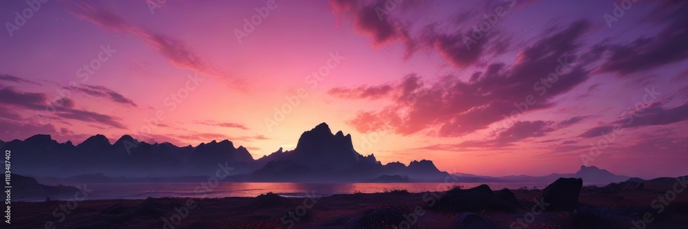 Fototapeta premium Fiery orange and pink hues melt into deep purple twilight sky, orange, dreamy