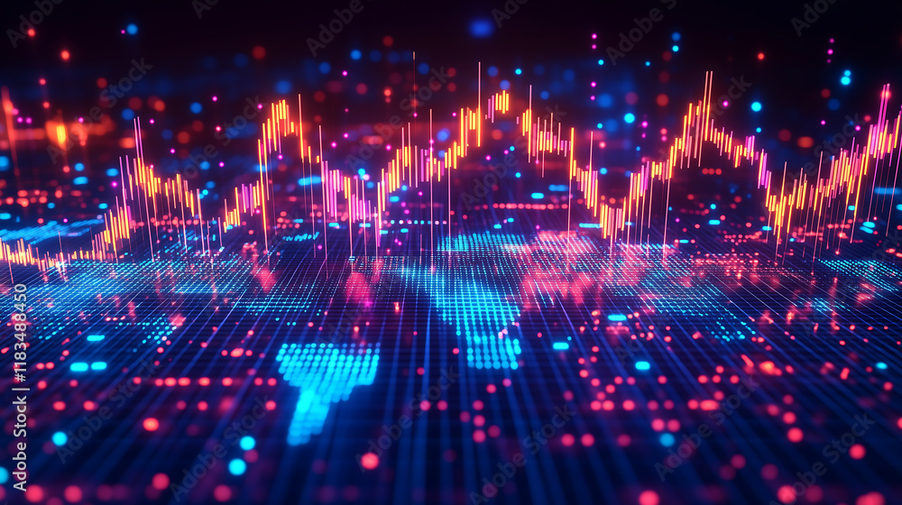 Naklejka premium Abstract digital design with glowing fractal patterns and bright colors, evoking a futuristic atmosphere in space, with stars and motion. 