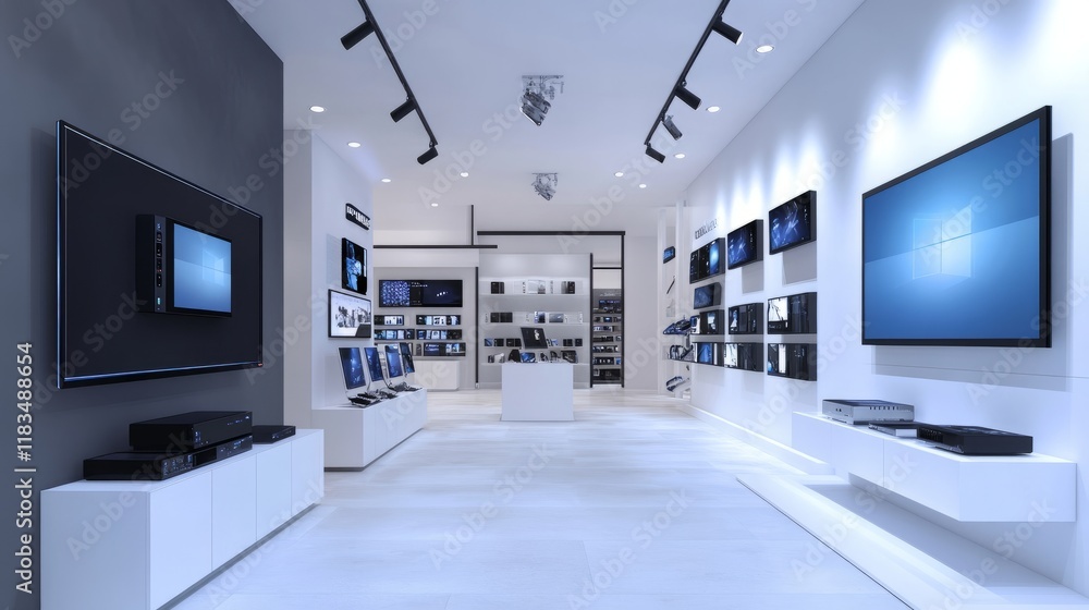 A minimalist electronics store interior featuring a wall of the latest flat-screen TVs and home theater systems, with modern lighting A minimalist electronics store interior featuring a wall of the latest flat-screen TVs and home theater systems, with modern lighting