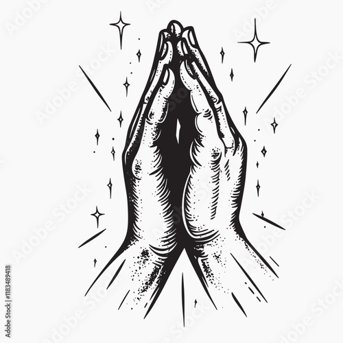 Vintage praying hands illustration, old school tattoo vector
