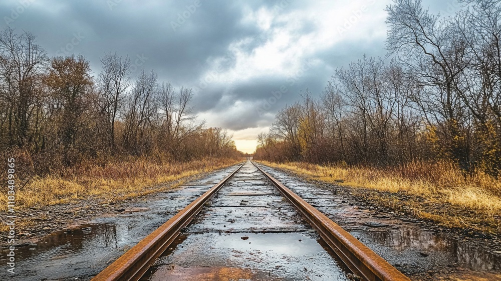 Fototapeta premium Solitary Railway Tracks Under a Dramatic Sky