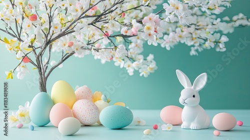 Pastel Easter eggs, a colorful tree, and decorative bunny figurines arranged on a mint background. Perfect for seasonal designs.