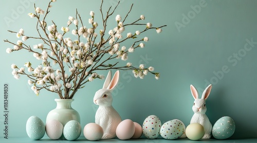 Pastel Easter eggs, a colorful tree, and decorative bunny figurines arranged on a mint background. Perfect for seasonal designs.