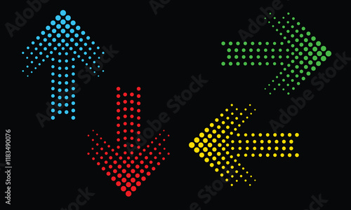 Colorful Halftone Arrow Set Vector illustration – Abstract Directional Arrows Collection in Blue, Red, Green, and Yellow on isolated Background