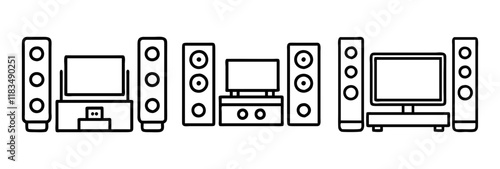 home theater system icon, electronics line art, electronics vector - simple black line art icon of home theater system perfect for logos, and electronics-themed designs.